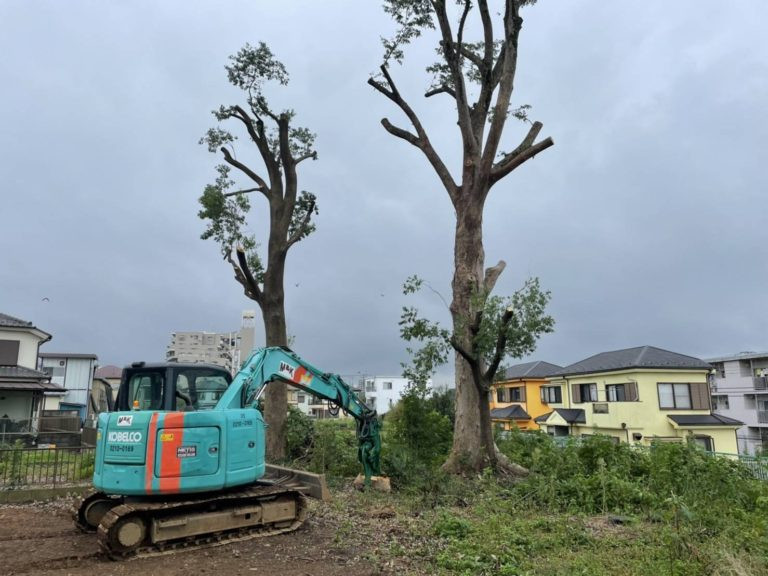 伐採、剪定作業が完了したら重機を搬入して、根っこや草木の撤去作業をしていきます。