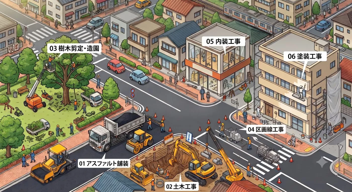 アオト建設の6つの専門事業を描いた街のイラスト