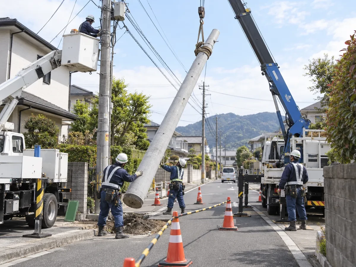 クレーン車と作業員による電柱の建柱作業