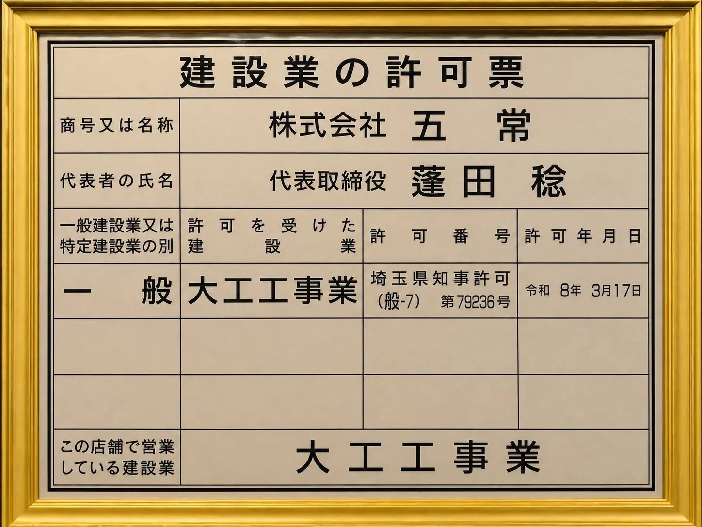 額装された建設業の許可票