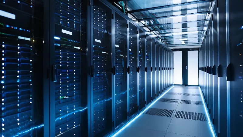 青く照らされたデータセンターのサーバーラックが並ぶ通路