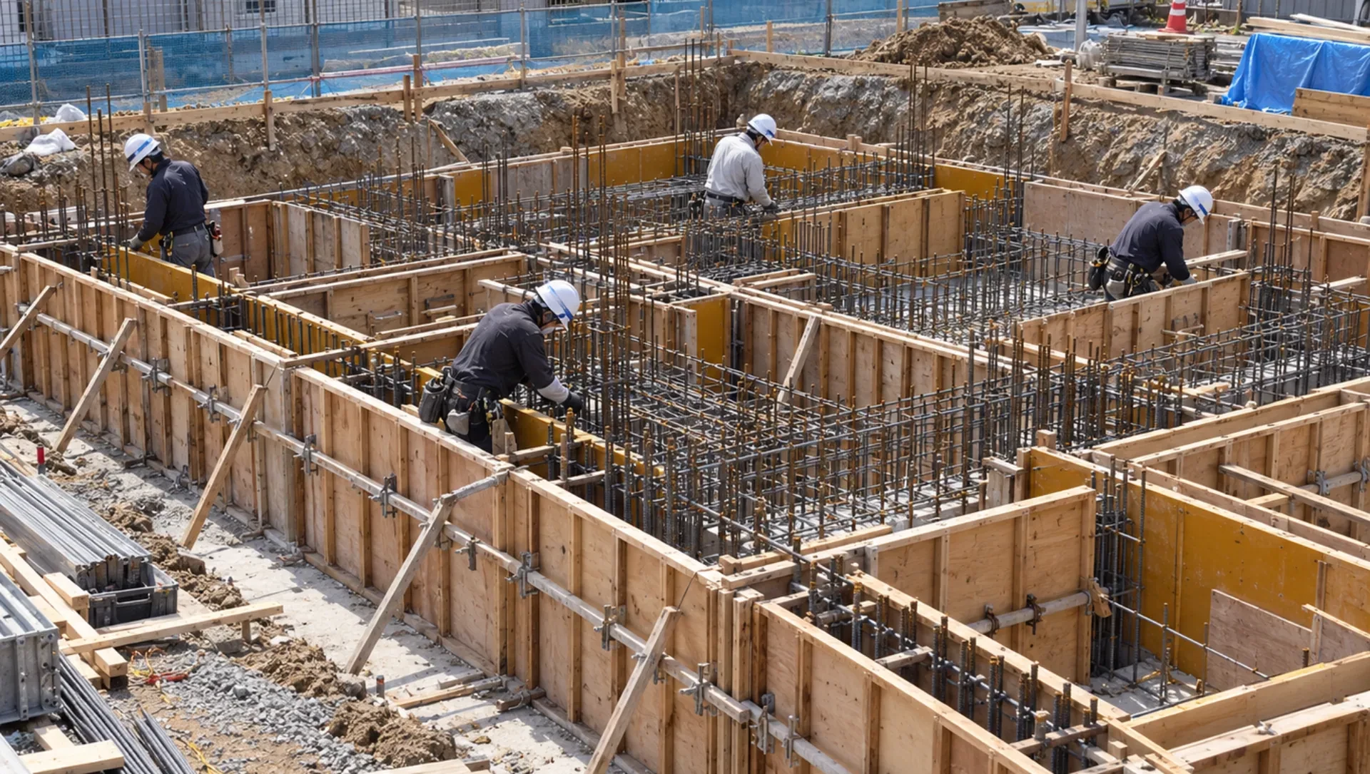 鉄筋と型枠が組まれた基礎工事の現場