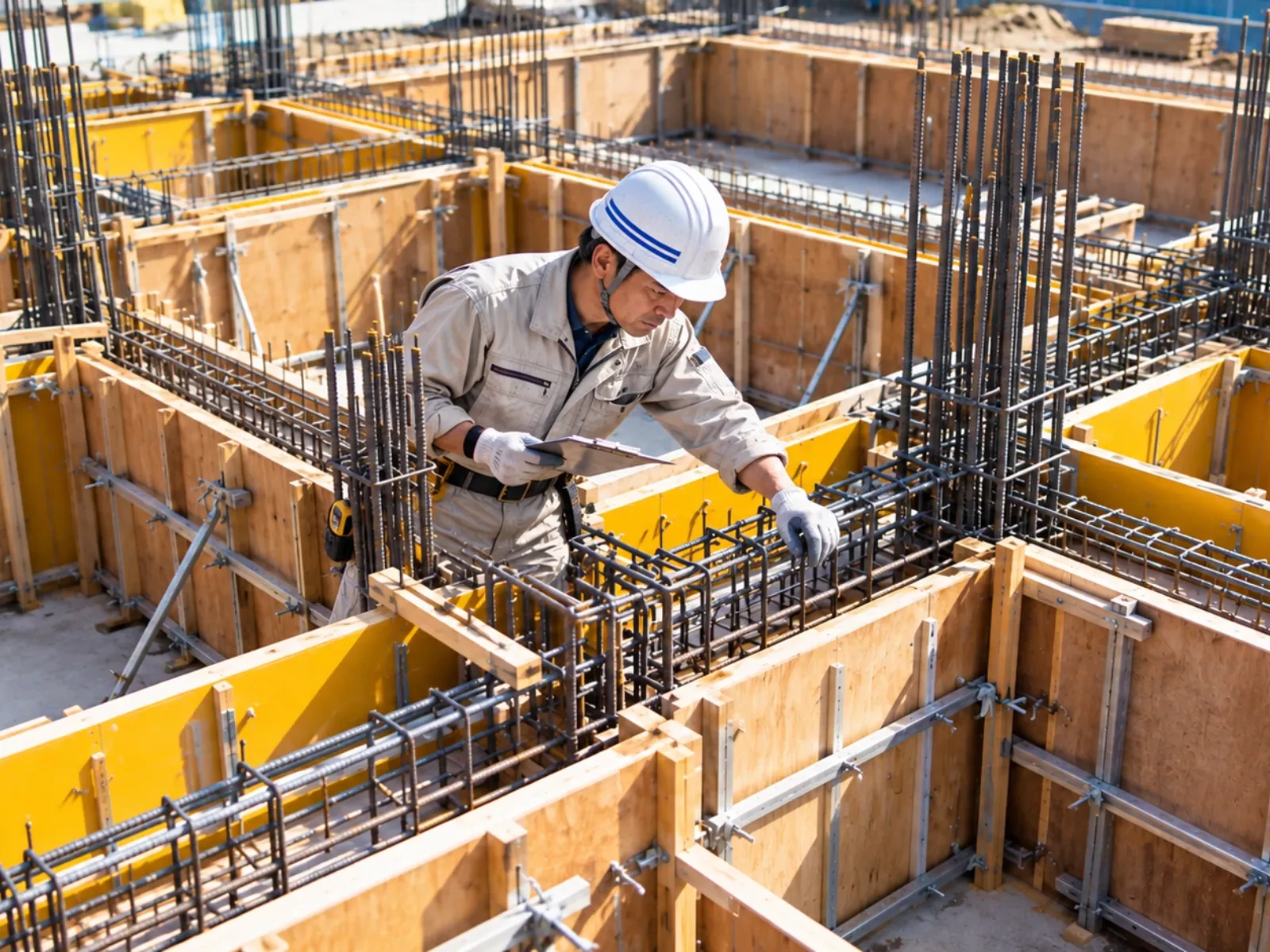 型枠と鉄筋の現場で作業するスタッフ