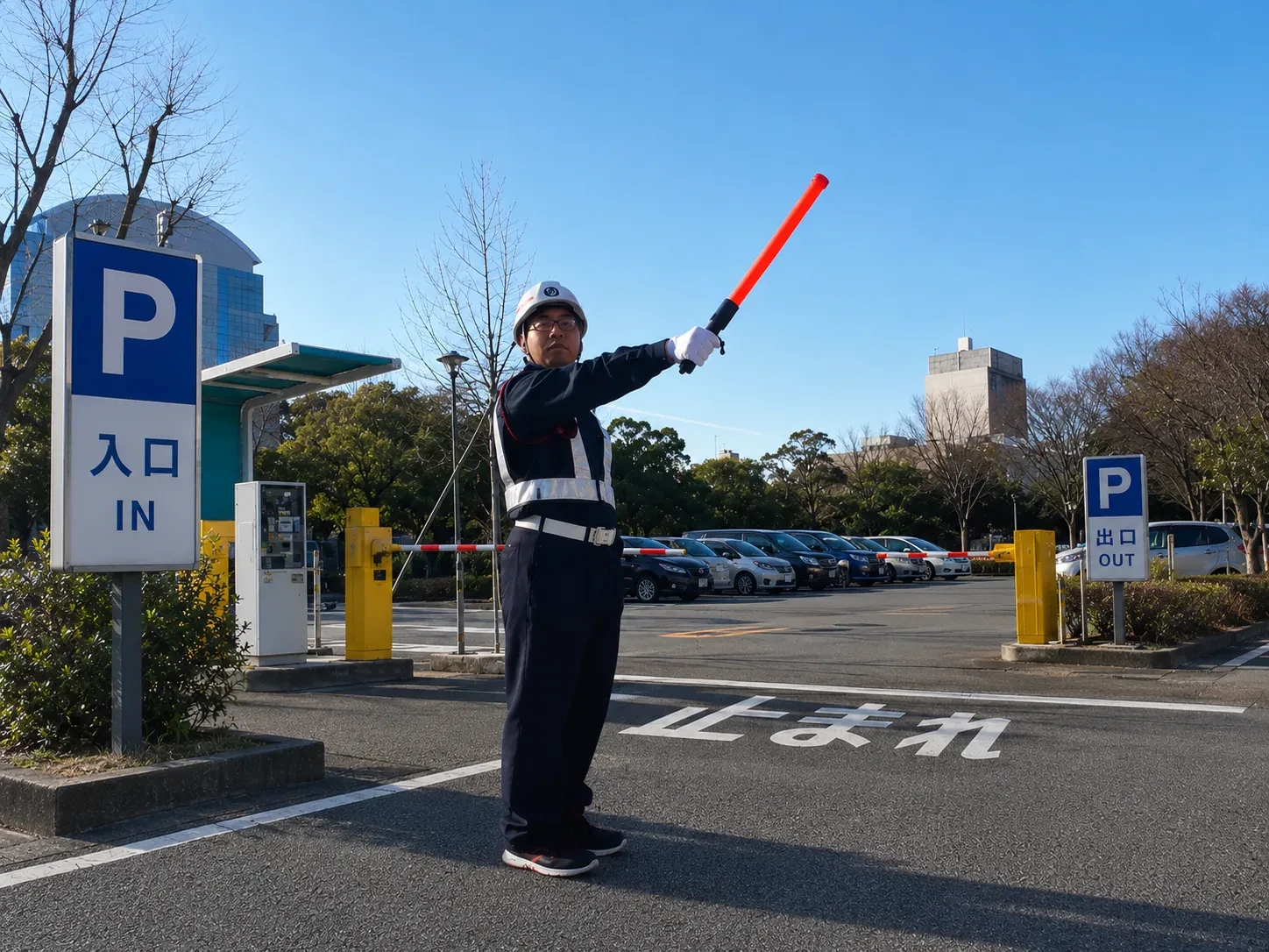 駐車場で車両を誘導する警備員