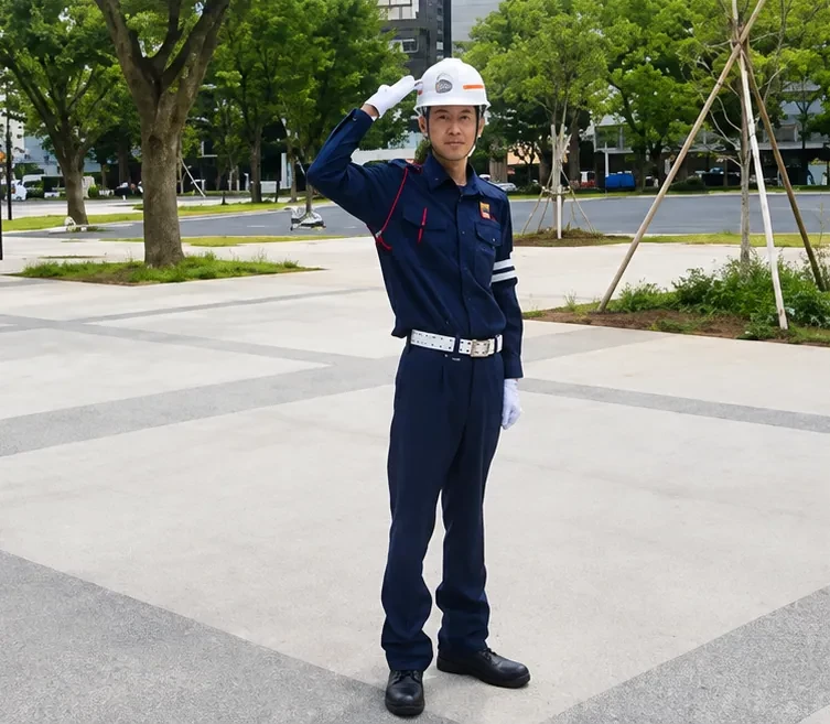 現場で敬礼する警備員