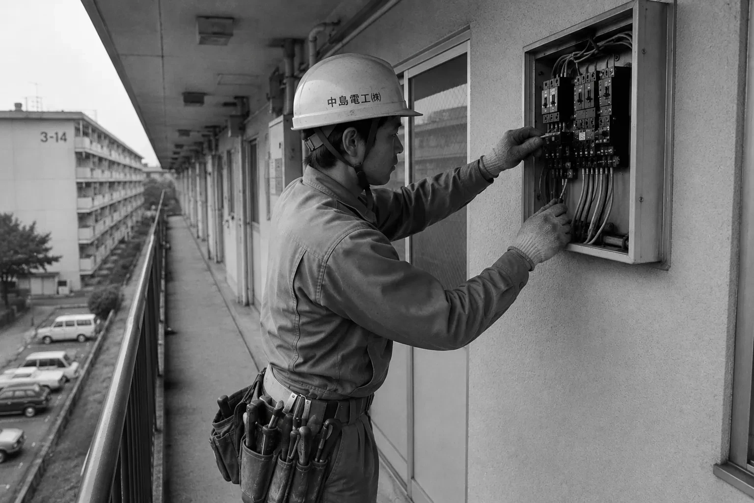 集合住宅の廊下で分電盤の作業を行う中島電工株式会社の職人