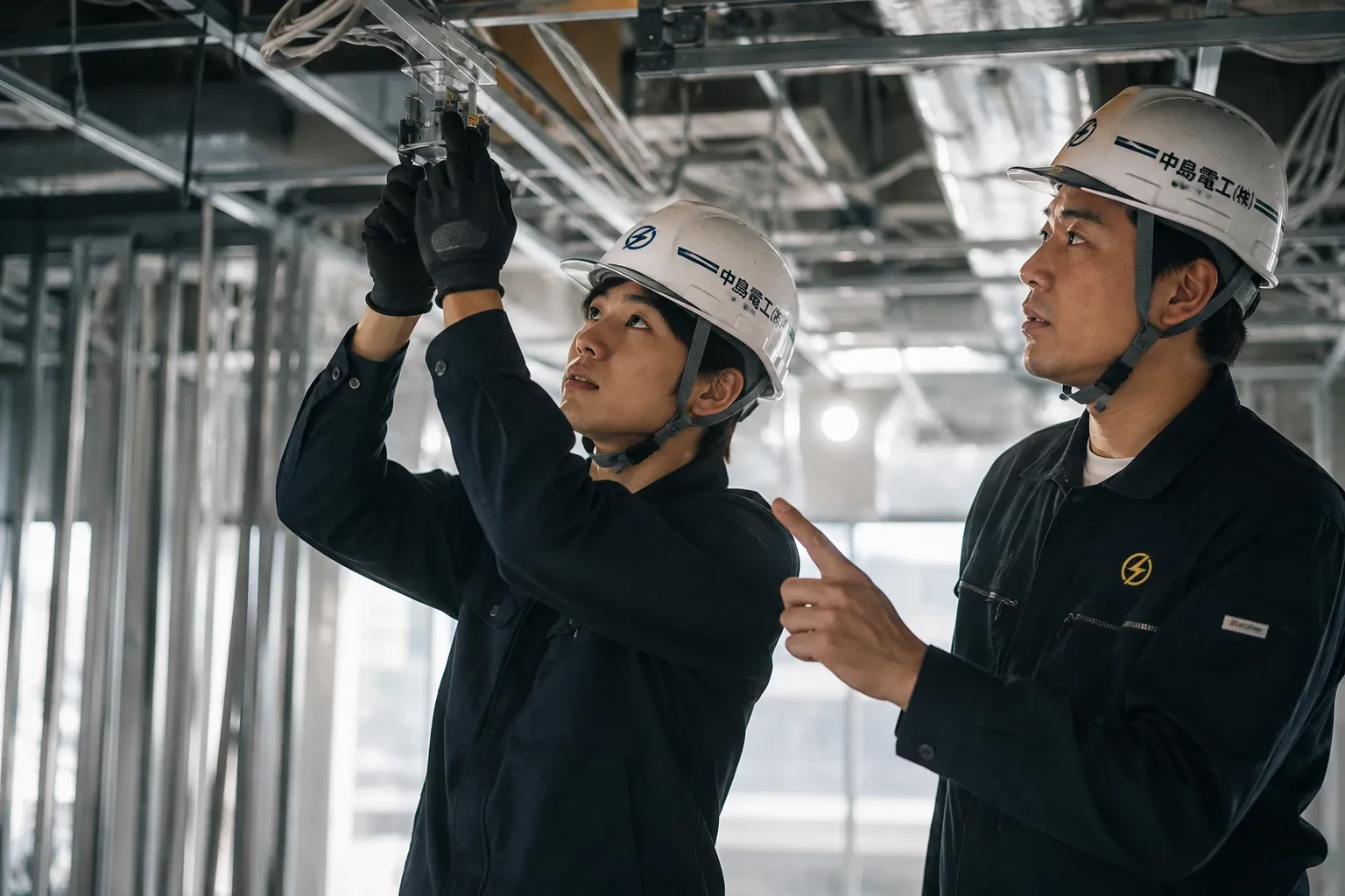 先輩から照明器具の取り付けを教わる中島電工の若手スタッフ