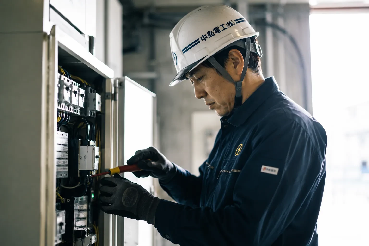 分電盤の結線を確認する中島電工の技術者