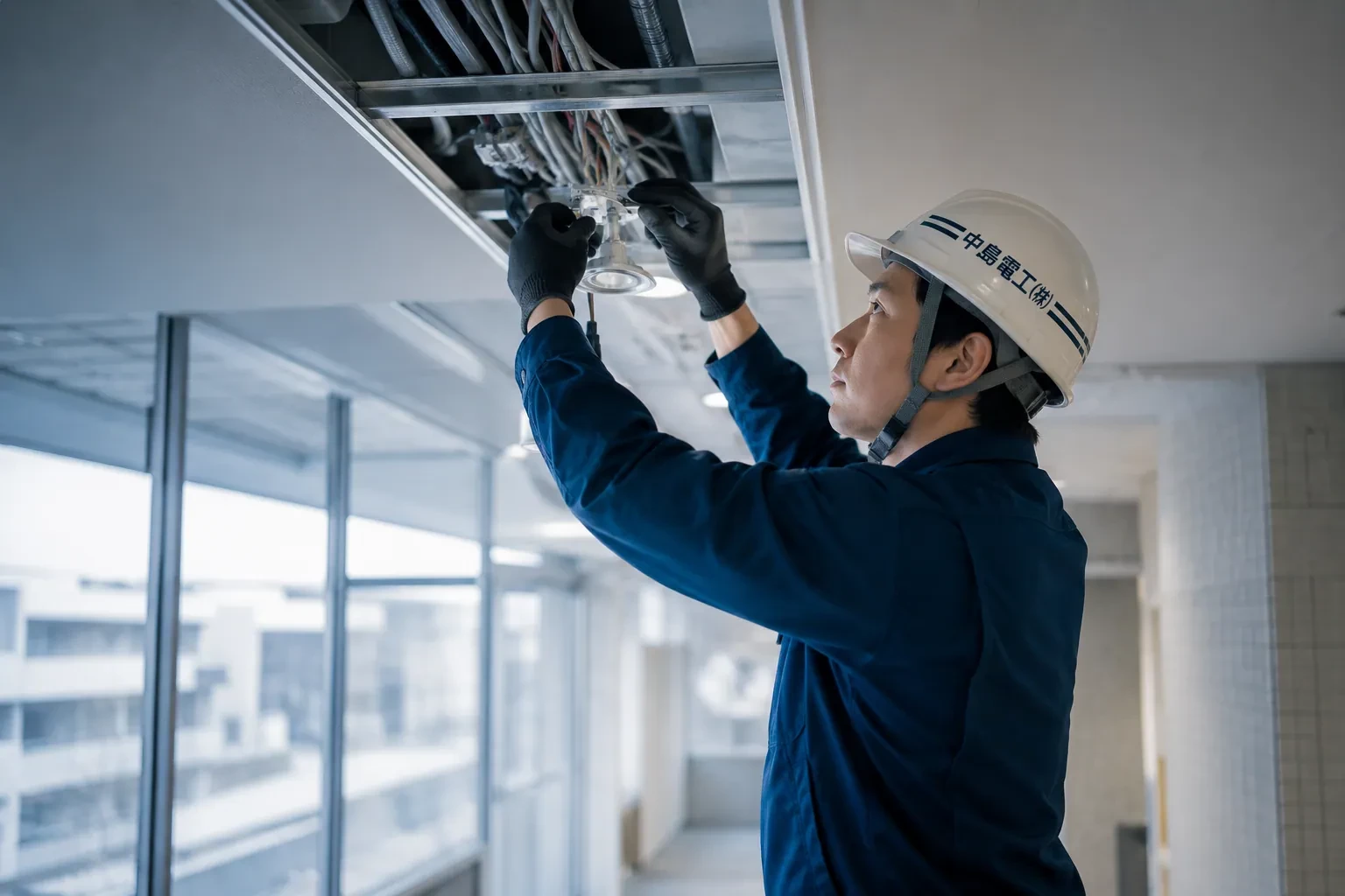 共用廊下で照明器具を取り付ける中島電工のスタッフ