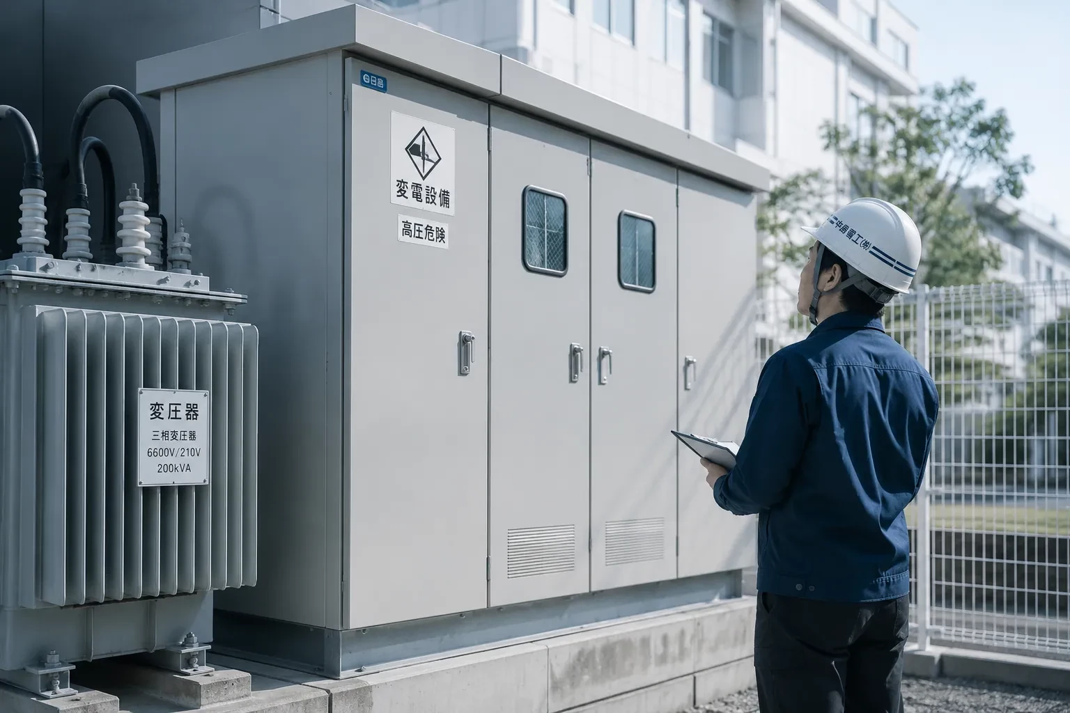 キュービクルと三相変圧器を点検する中島電工のスタッフ