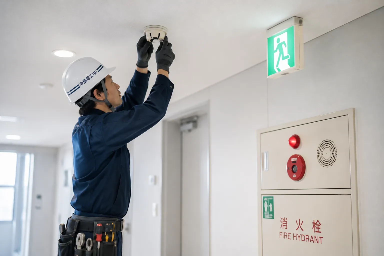 共用廊下で感知器を取り付ける中島電工のスタッフ。消火栓BOXと誘導灯