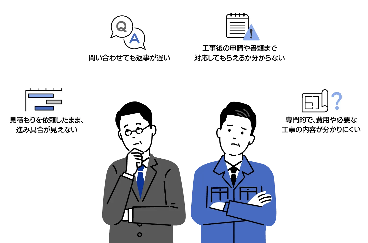 消防設備の業者選びで抱えがちな4つの不安：専門的で費用や必要な工事の内容が分かりにくい／問い合わせても返事が遅い／見積もりを依頼したまま進み具合が見えない／工事後の申請や書類まで対応してもらえるか分からない