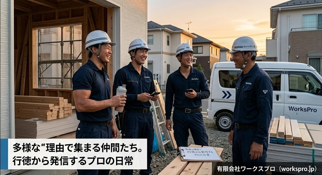 行徳の現場で作業を終え、笑顔で談笑するワークスプロのスタッフたち。多様な動機を持ちながらも、プロの技術集団として誇りを持って働く日常の風景。