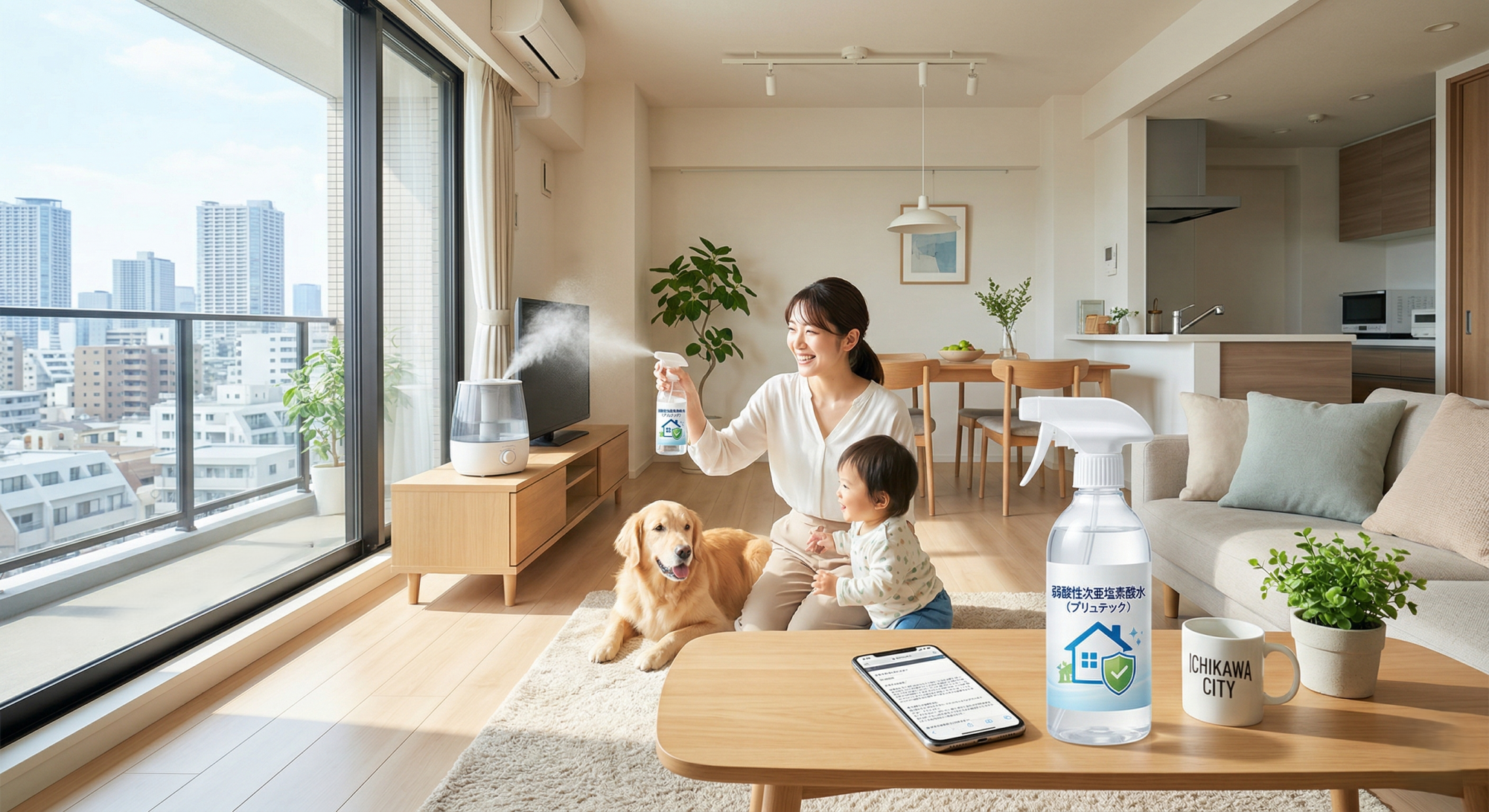 明るいリビングで、女性が子どもや犬の近くで弱酸性次亜塩素酸水（プリュテック）をスプレーしている。窓の外には東京都・市川市の街並みが広がる。