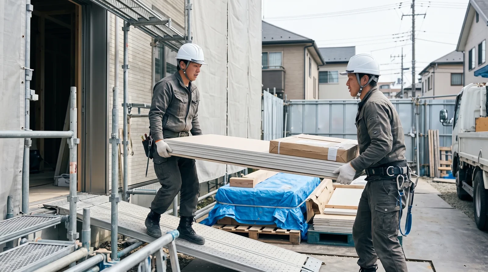 建築現場でボードなどの資材を2人で運び入れる荷揚げスタッフ