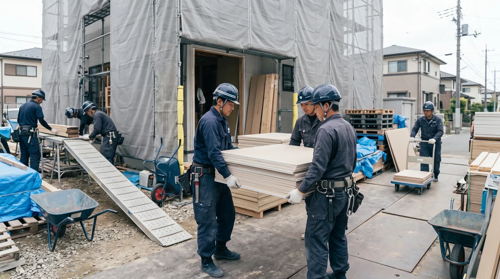住宅の建築現場で、複数のスタッフがボード材を運び入れている様子