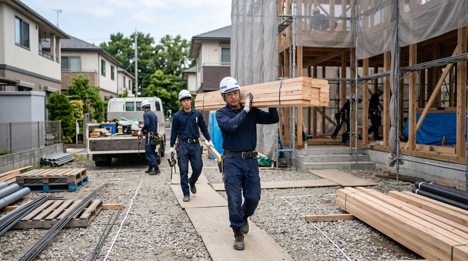 建築現場で木材を肩に担いで運ぶ荷揚げスタッフ
